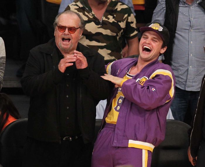 Celebrities at the Los Angeles Lakers game. The Los Angeles Lakers defeated the Utah Jazz by the final score of 101-96 in Lakers Kobe Bryant's last NBA game at Staples Center. Featuring: Jack Nicholson, Raymond Nicholson Where: Los Angeles, California, United States When: 13 Apr 2016 Credit: WENN.com