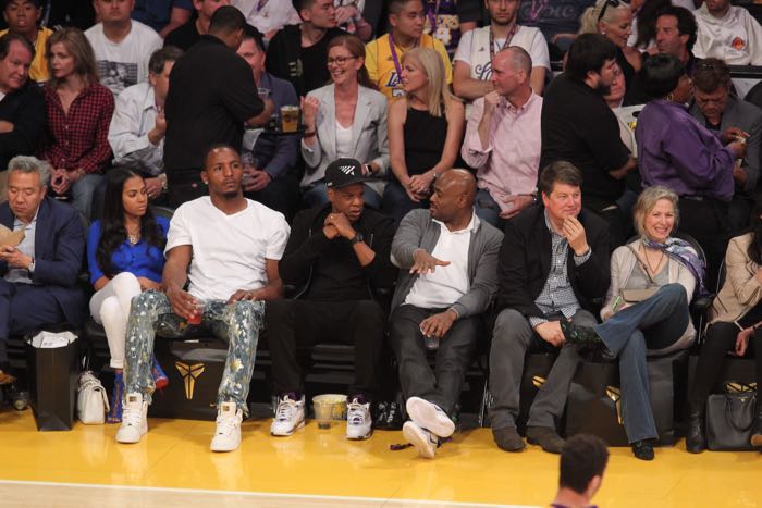 Celebrities at the Los Angeles Lakers game. The Los Angeles Lakers defeated the Utah Jazz by the final score of 101-96 in Lakers Kobe Bryant's last NBA game at Staples Center. Featuring: Jay-Z Where: Los Angeles, California, United States When: 13 Apr 2016 Credit: WENN.com