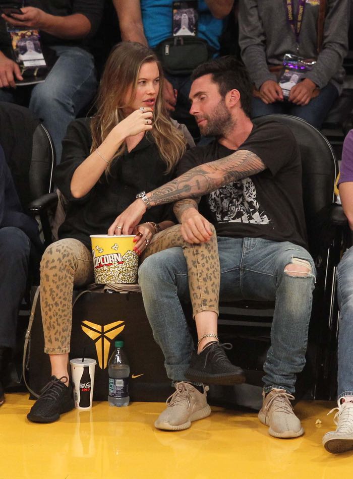 Celebrities at the Los Angeles Lakers game. The Los Angeles Lakers defeated the Utah Jazz by the final score of 101-96 in Lakers Kobe Bryant's last NBA game at Staples Center. Featuring: Adam Levine, Behati Prinsloo Where: Los Angeles, California, United States When: 13 Apr 2016 Credit: WENN.com