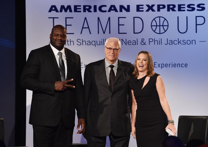 NEW YORK, NY - JUNE 06: Journalist Hannah Storm (R) moderates a panel discussion as American Express teams up with Shaquille O'Neal and Phil Jackson at the Altman Building on June 6, 2016 in New York City. (Photo by Bryan Bedder/Getty Images for American Express)