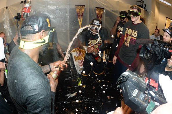 OAKLAND, CA - JUNE 19: The Cleveland Cavaliers celebrate after winning Game Seven of the 2016 NBA Finals against the Golden State Warriors on June 19, 2016 at ORACLE Arena in Oakland, California. NOTE TO USER: User expressly acknowledges and agrees that, by downloading and/or using this Photograph, user is consenting to the terms and conditions of the Getty Images License Agreement. Mandatory Copyright Notice: Copyright 2016 NBAE (Photo by Andrew D. Bernstein/NBAE via Getty Images)