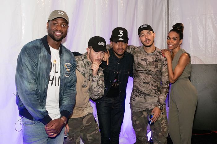 CHICAGO, IL - JULY 28: (L-R) Dwyane Wade, Curt Cameruci of Flosstradamus, Chance the Rapper, Josh Young of Flosstradamus, and Michelle Williams pose backstage after the Bud Light Stage Moment at Lollapalooza at Grant Park on July 28, 2016 in Chicago, Illinois. (Photo by Jeff Schear/Getty Images for Bud Light Music )