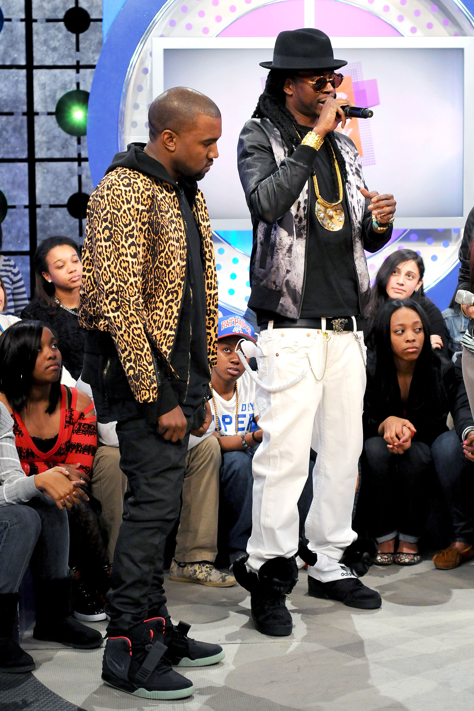 Kanye West appearing on BET's '106 and Park'.