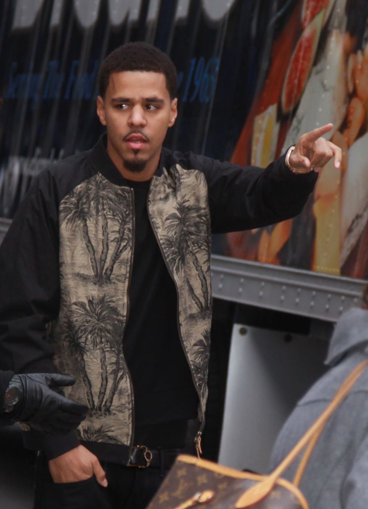 J. Cole outside Fox Sports Center for an appearance on 'New York Live'