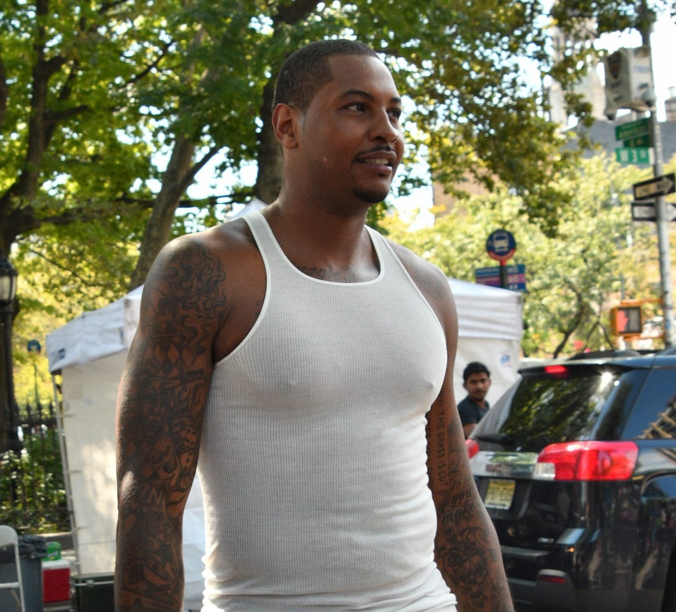 Carmelo Anthony shooting a commercial in SoHo