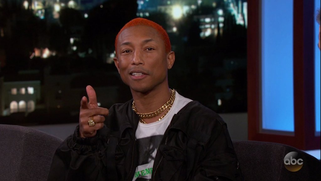 Pharrell Williams during an appearance on ABC's Jimmy Kimmel Live!'