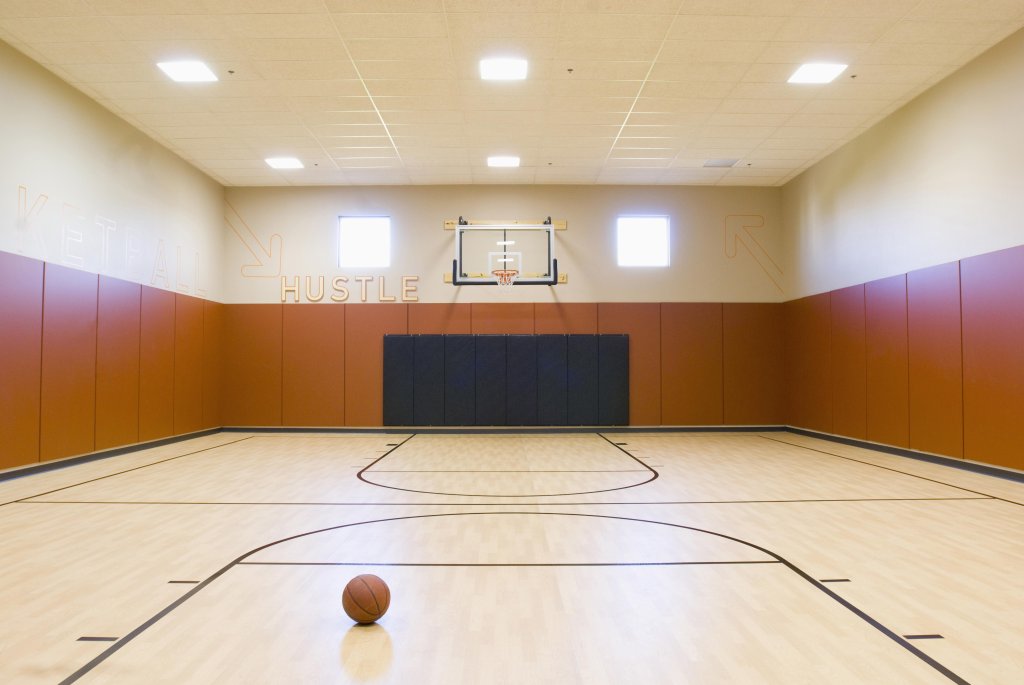 A basketball and basketball court.