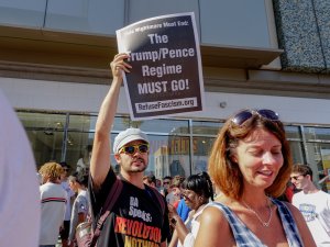 Protesters at the scene after U.S President Donald Trump 's Hollywood Walk of Fame star was vandalized