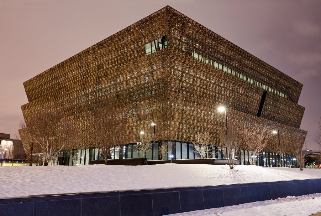 Facade of the new 'National Museum of African American History and culture' at night