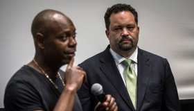 Comedian Dave Chappelle, left, stumps with childhood friend and former NAACP president Ben Jealous, right, at an early voting rally at Morgan State University in Baltimore, Maryland...