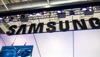 Samsung logo at the Mobile World Congress. The Mobile World...