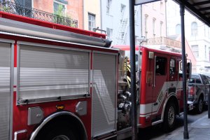 Fire Truck By Footpath In City