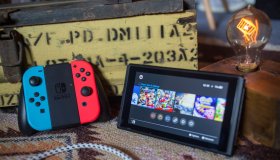 A turned on Nintendo Switch with two Joy-Con