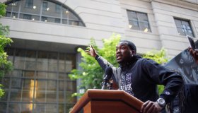 Rapper Meek Mill addresses a rally outside the courthouse...