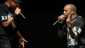 JayZ, left, and Kanye West, right, on stage at Staples Center Sunday night December 11 2011 for th