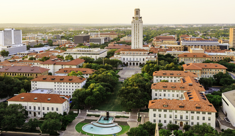 University of Texas (UT) Austin campus at sunset aerial view