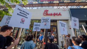 Protesters targeted Chick-Fil-A for their alleged homophobe...