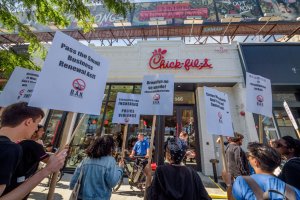 Protesters targeted Chick-Fil-A for their alleged homophobe...