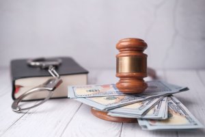 Close Up Of Gavel, Cash And Handcuff On Table