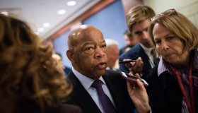 Rep. John Lewis (Ga.), the civil rights icon, was chosen to deliver the final seconding speech for Pelosi. He is pictured leaving a closed door meeting at Capitol Visitor Center Auditorium Wednesday morning to nominate a speaker and choose other members of