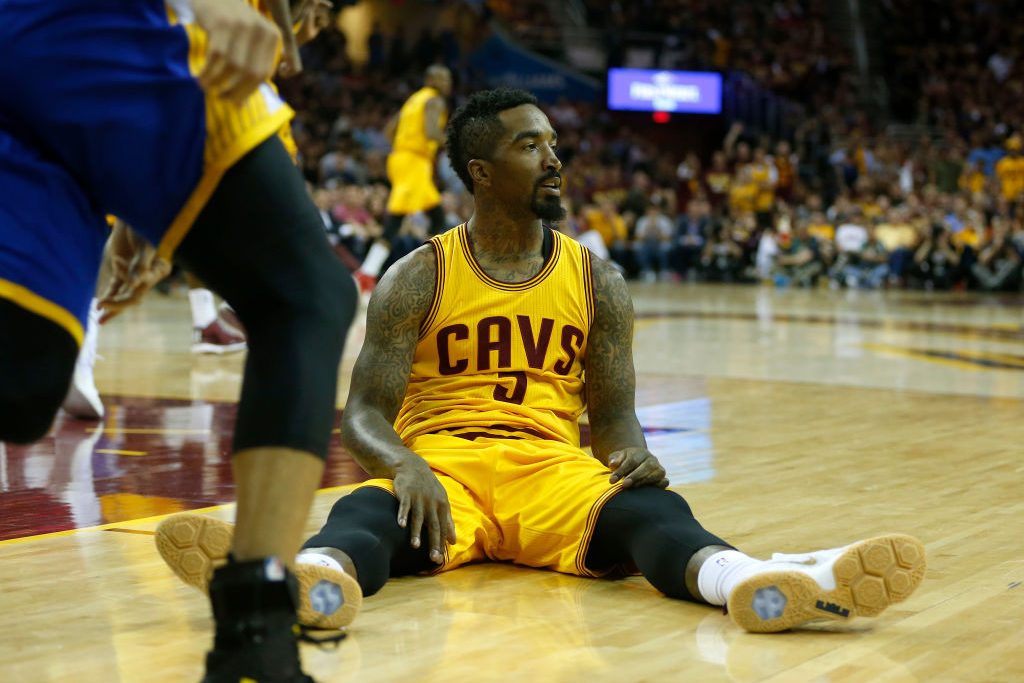 Cleveland Cavaliers' J.R. Smith (5) reacts to a play during their game against the Golden State Warriors in the fourth quarter of Game 4 of the NBA Finals at Quicken Loans Arena in Cleveland, Ohio, on Thursday, June 11, 2015. (Nhat V. Meyer/Bay Area News