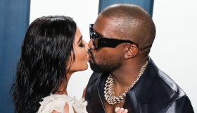 Kim Kardashian West and Kanye West arrive at the 2020 Vanity Fair Oscar Party held at the Wallis Ann...