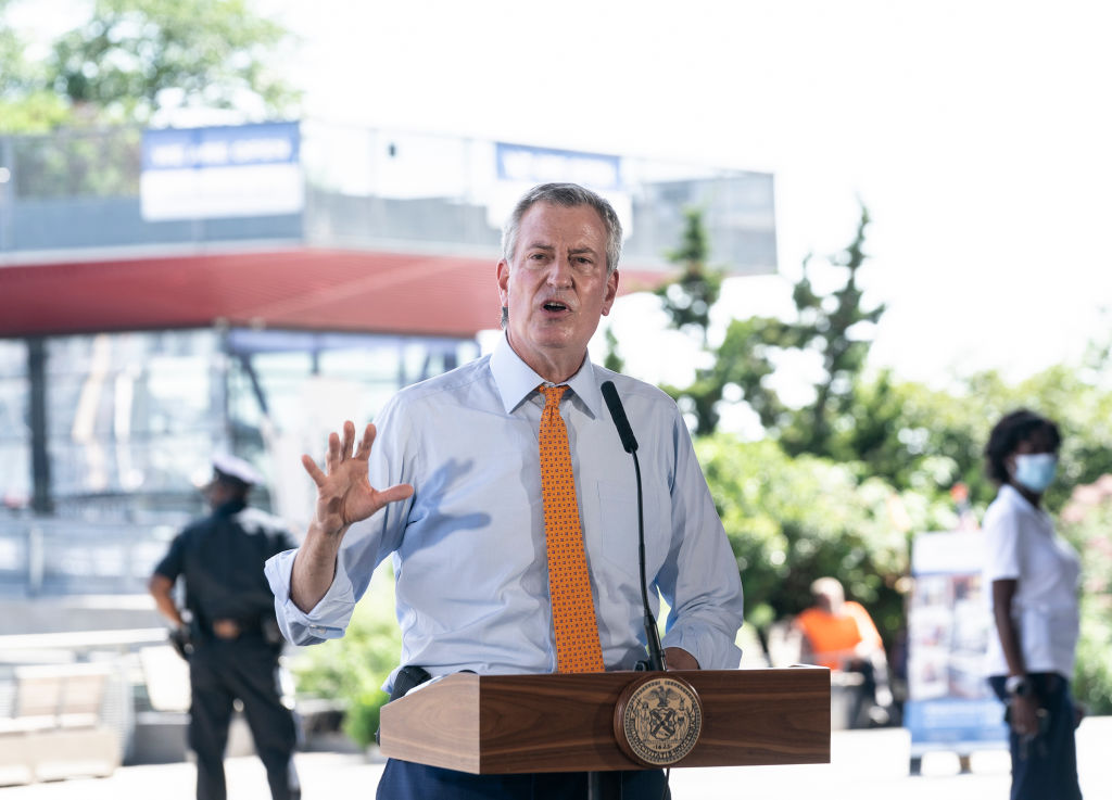 Mayor Bill de Blasio speaks at press conference at the South...