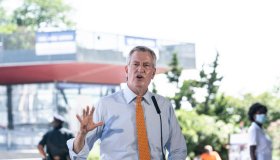 Mayor Bill de Blasio speaks at press conference at the South...