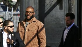 Casually dressed Tyler Perry arrives for an appearance on Jimmy Kimmel Live!