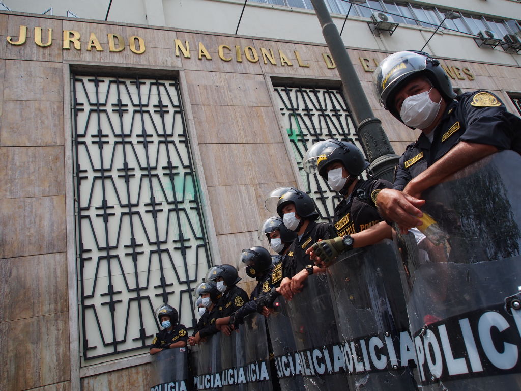 Police detachment guarding the headquarters of the "Jurado...