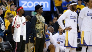 Musician Diddy, center, watches the Golden State Warriors game against the Cleveland Cavaliers next to the Warriors bench in the fourth quarter of Game 5 of the NBA Finals at Oracle Arena in Oakland, Calif., on Monday, June 12, 2017. (Nhat V. Meyer/Bay A