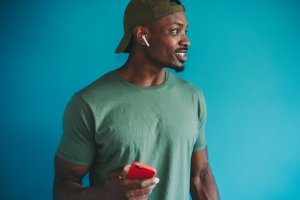 Happy man listening to music