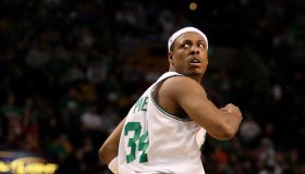 (020109 Boston,MA) Boston Celtics forward Paul Pierce celebrated hitting an 8 foot jumper while drawing a foul to make it a three point play, giving the Celtics a 67-46 lead as the Boston Celtics beat the Minnesota Timberwolves 109-101 at TD Banknor
