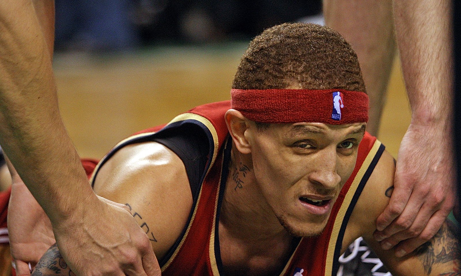 (051408 Boston, MA) Cleveland Cavaliers guard Delonte West is helped up after hitting the floor in the third quarter of Game 5 of an NBA second-round playoff basketball series in Boston at the TD Banknorth Garden Wednesday, May 14, 2008. Staff ph