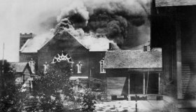 Burning of Church where Ammunition was stored during Race Riot, Tulsa, Oklahoma, USA, American National Red Cross Photograph Collection, June 1921