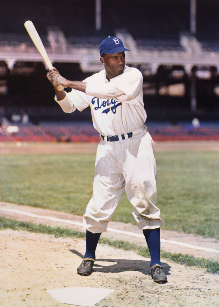 Jackie Robinson (1919-1972), Major League Baseball Player, full-length Portrait wearing Brooklyn Dodgers Uniform, Harry Warnecke, 1947