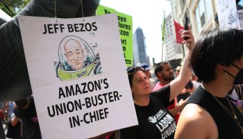 Pro-Union Protestors Rally At NYC Homes Of Jeff Bezos And Howard Schultz