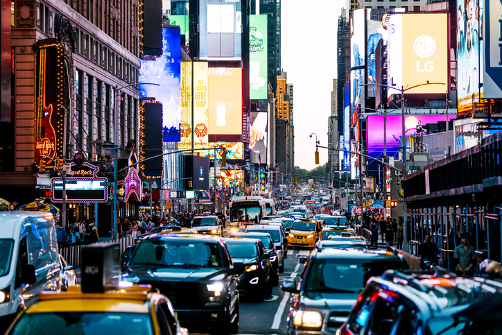 Heavy traffic on 7th Avenue and Times Square at dusk, New York City, USA
