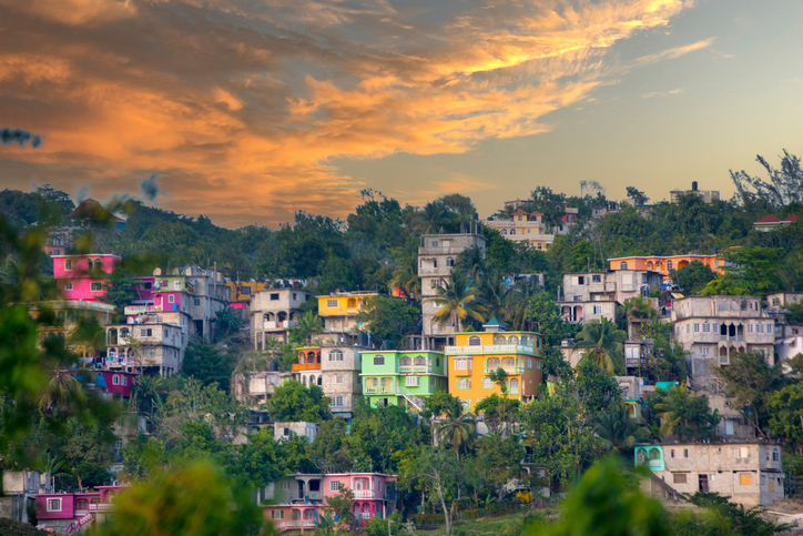Vibrant color houses on hillside in Jamaica