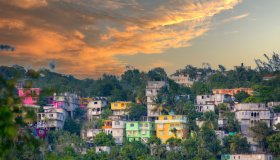 Vibrant color houses on hillside in Jamaica