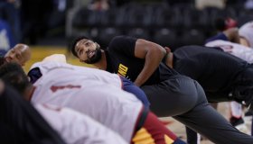 Tristan Thompson (13) stretches with teammates during an off day practice and media day at Oracle Arena before the Golden State Warriors play the Cleveland Cavaliers in Game 1 of the NBA Finals in Oakland, Calif, on Wednesday, May 30, 2018