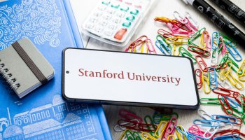 In this photo illustration a Stanford University logo seen...