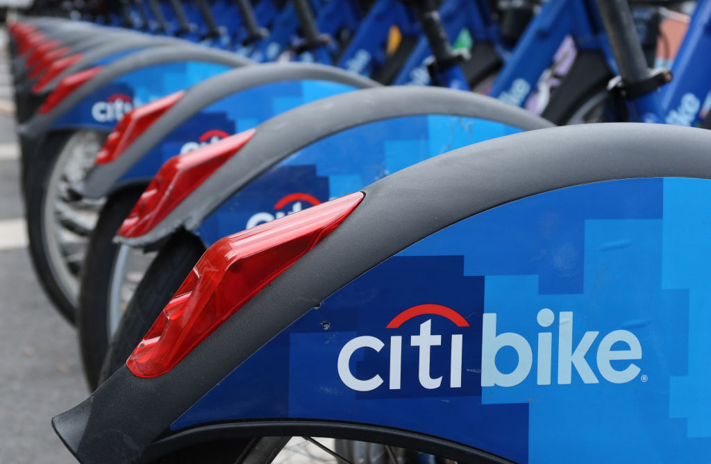 A Line of Citibike Bicycles in New York City