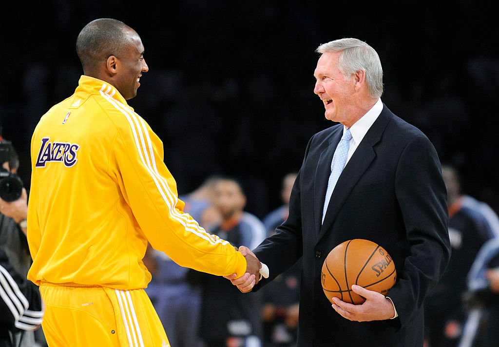 LOS ANGELES, CA FEBRUARY 3, 2010 – Lakers Kobe Bryant shakes hands with Jerry West during AC