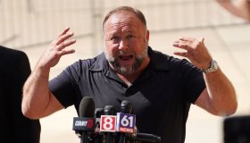 Alex Jones Speaks To The Media Outside The Sandy Hook Trial In Waterbury, Connecticut