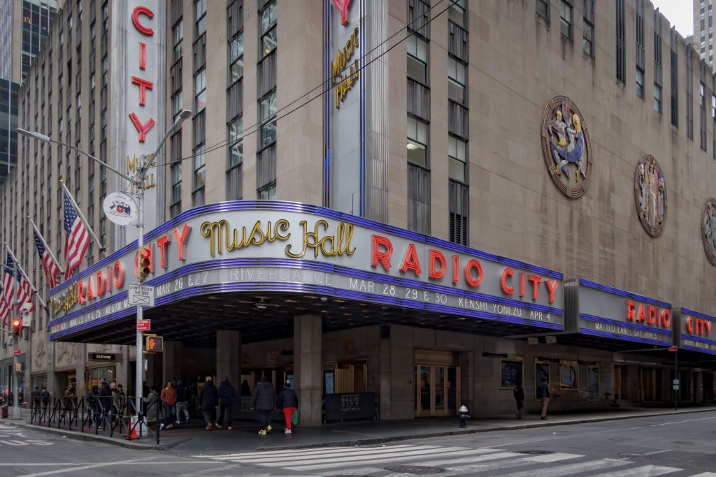 Marquee at the main entrance to Radio City Music Hall in...