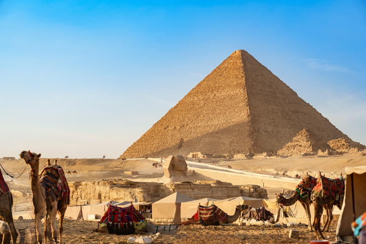 Pyramids of Giza standing tall with camels resting under bright blue sky in ancient Egypt