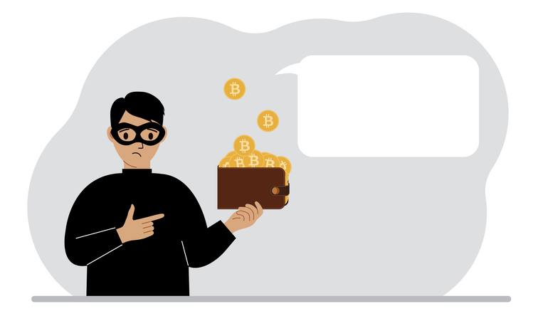Thief in a black mask with a purse of coins with a bitcoin sign. Cyber attack, mobile phishing, fraud, hacker, theft, theft.