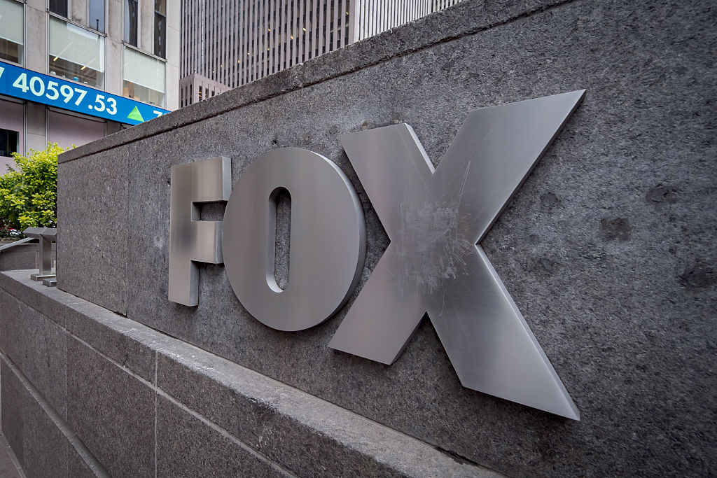 Sign at the main entrance to the FOX News Headquarters at...