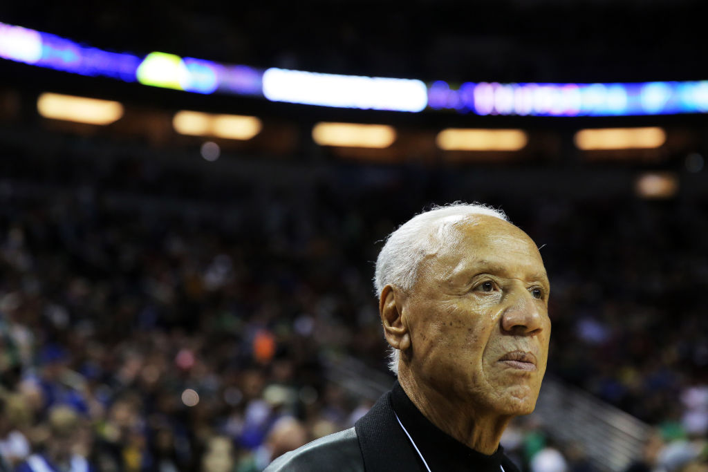 Former NBA player and Seattle SuperSonics coach Lenny Wilkens stands courtside before the Golden State Warriors and the Sacramento Kings' NBA preseason game at KeyArena, Friday, Oct. 5, 2018. The Warriors won 122 to 94. (Genna Martin, seattlepi.com)